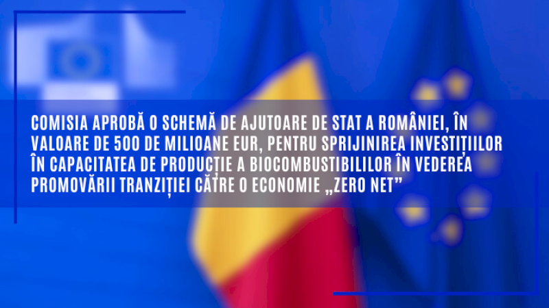 CE aprobă o schemă de ajutoare de stat a României, în valoare de 500 de milioane EUR, pentru sprijinirea investițiilor în capacitatea de producție a biocombustibililor