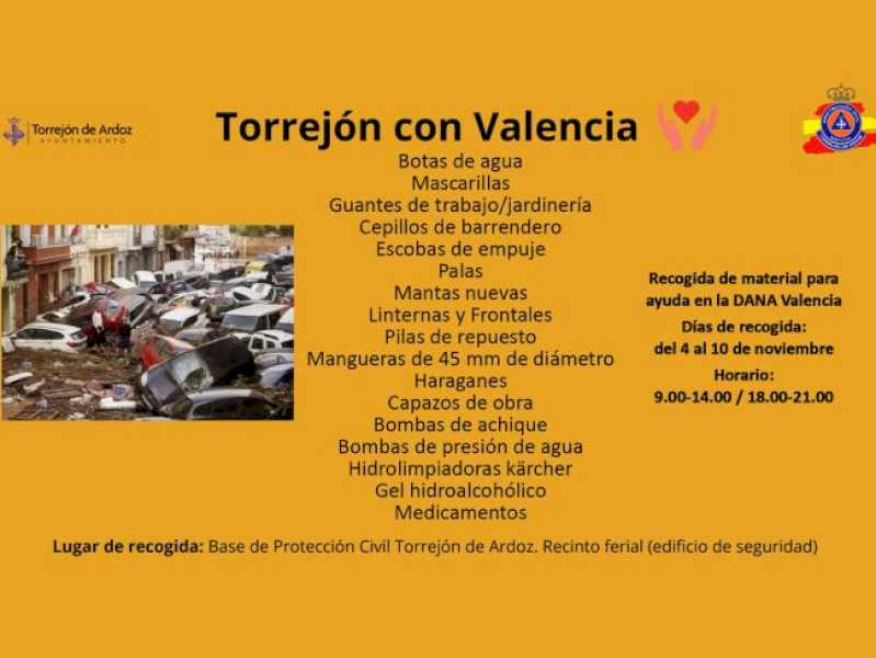 Torrejón – El Ayuntamiento de Torrejón de Ardoz recoge material de emergencia en la Base de Protección Civil en el Recinto Ferial para ayud…