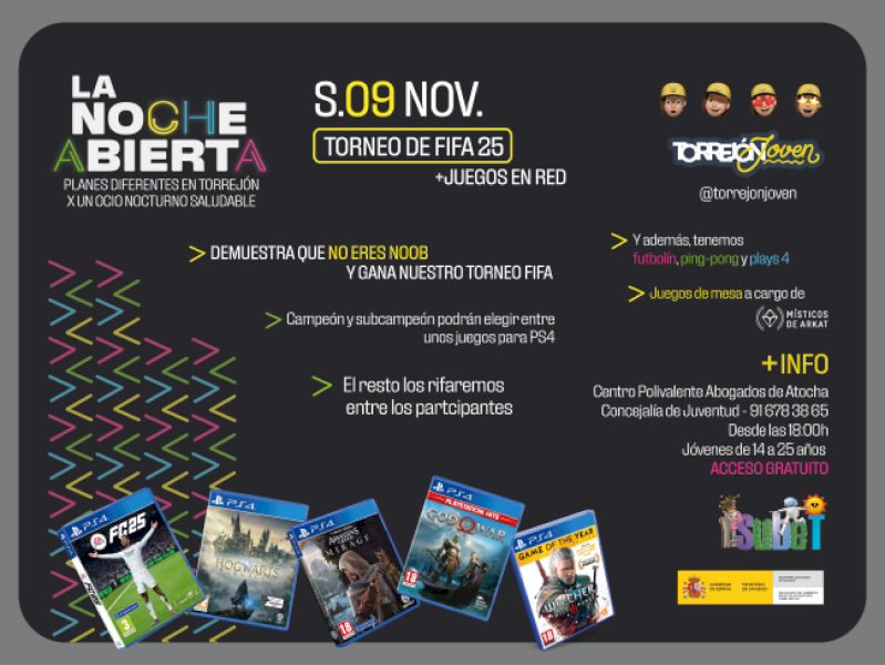 Torrejón – El videojuego más popular, el FIFA 25, en la programación de “La Noche Abierta” de este sábado, 9 de noviembre, con un torneo qu…