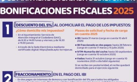 Torrejón – Se mantiene la bajada del IBI un 10% en el año 2025, que se amplía al 15% para aquellos torrejoneros que lo domicilien, a inicia…