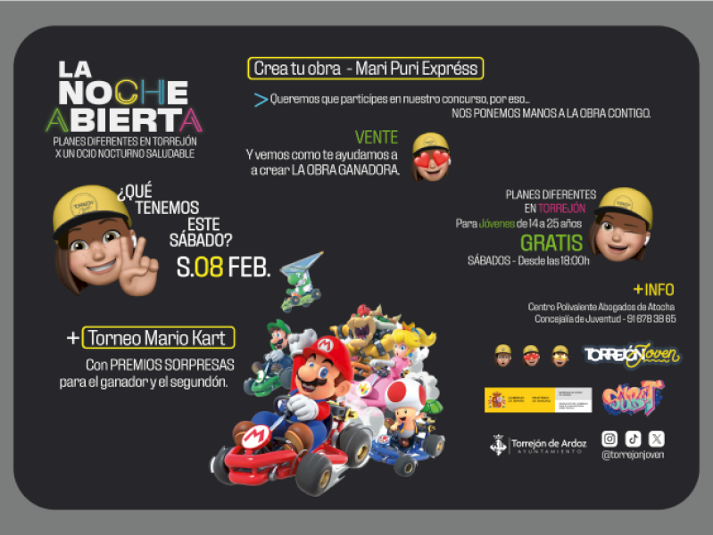 Torrejón – Diversión y creatividad en la programación de “La Noche Abierta” de mañana sábado, 8 de febrero, con un torneo de Mario Kart que…